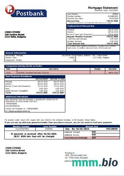 Bułgaria Bank Postbank wyciąg z kredytu hipotecznego szablon Word i PDF
